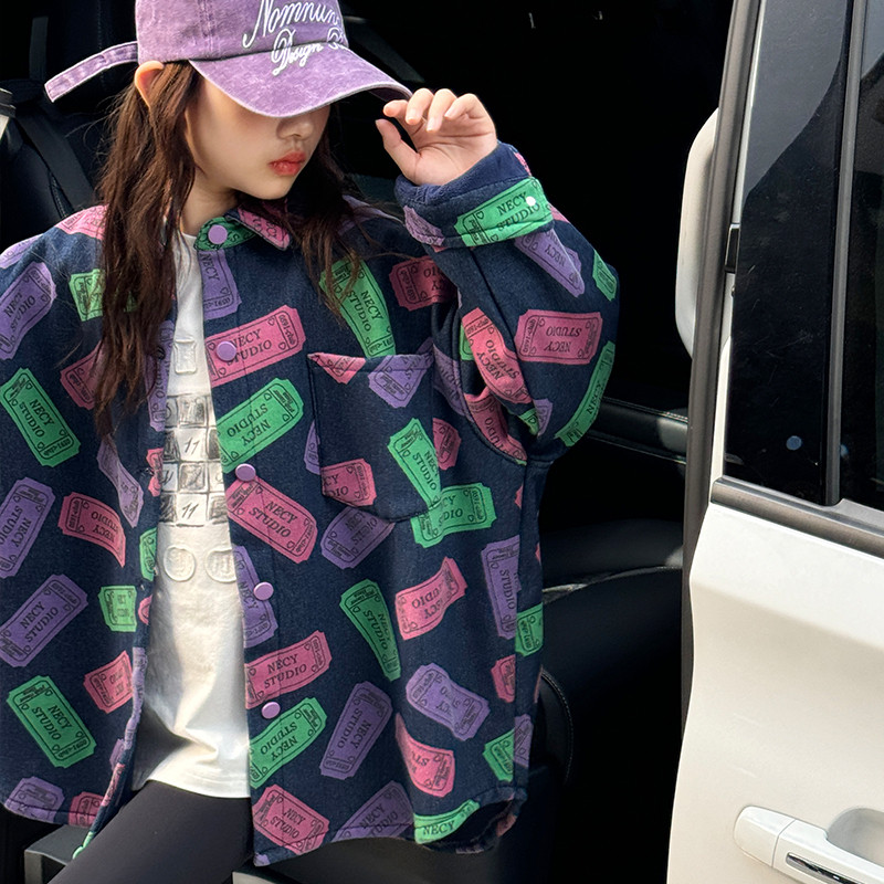 【清仓】女童加绒外套秋冬保暖加厚儿童时尚韩版满印宽松休闲上衣