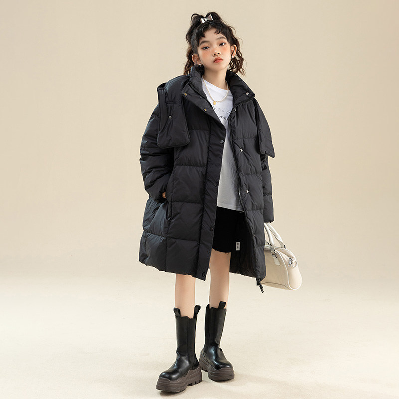 女童冬季中长款蝴蝶领保暖羽绒服