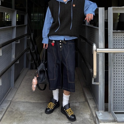 美式高街复古排扣设计感宽松牛仔短裤男Qversize水洗阔腿七分裤子