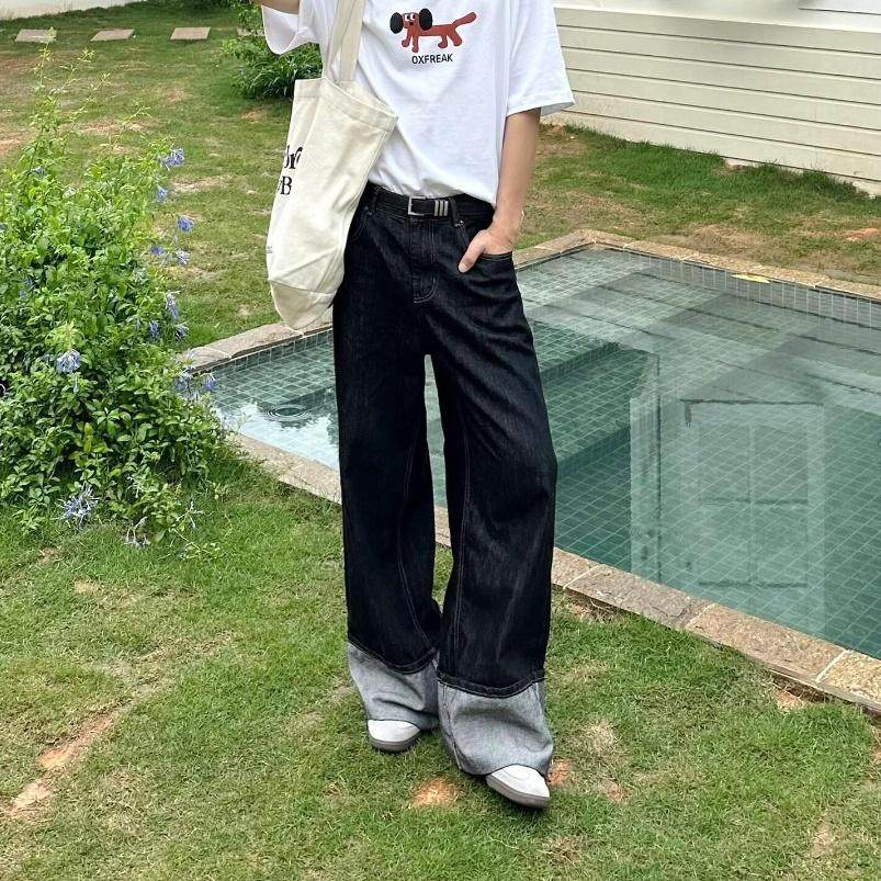高街cleanfit原色直筒牛仔裤男潮款简约设计感卷边垂感阔腿拖地裤,男装,牛仔裤,淘宝优惠券,粉丝福利购,淘宝优惠卷