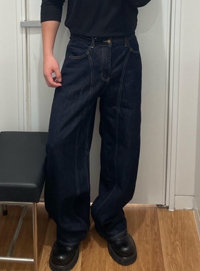 2025年新款潮牌设计阔腿拖地牛仔裤男深蓝色拼接风格百搭宽松长裤