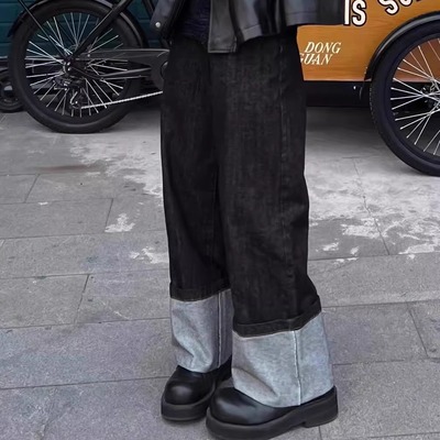 美式复古翻边牛仔裤男堆积感长裤