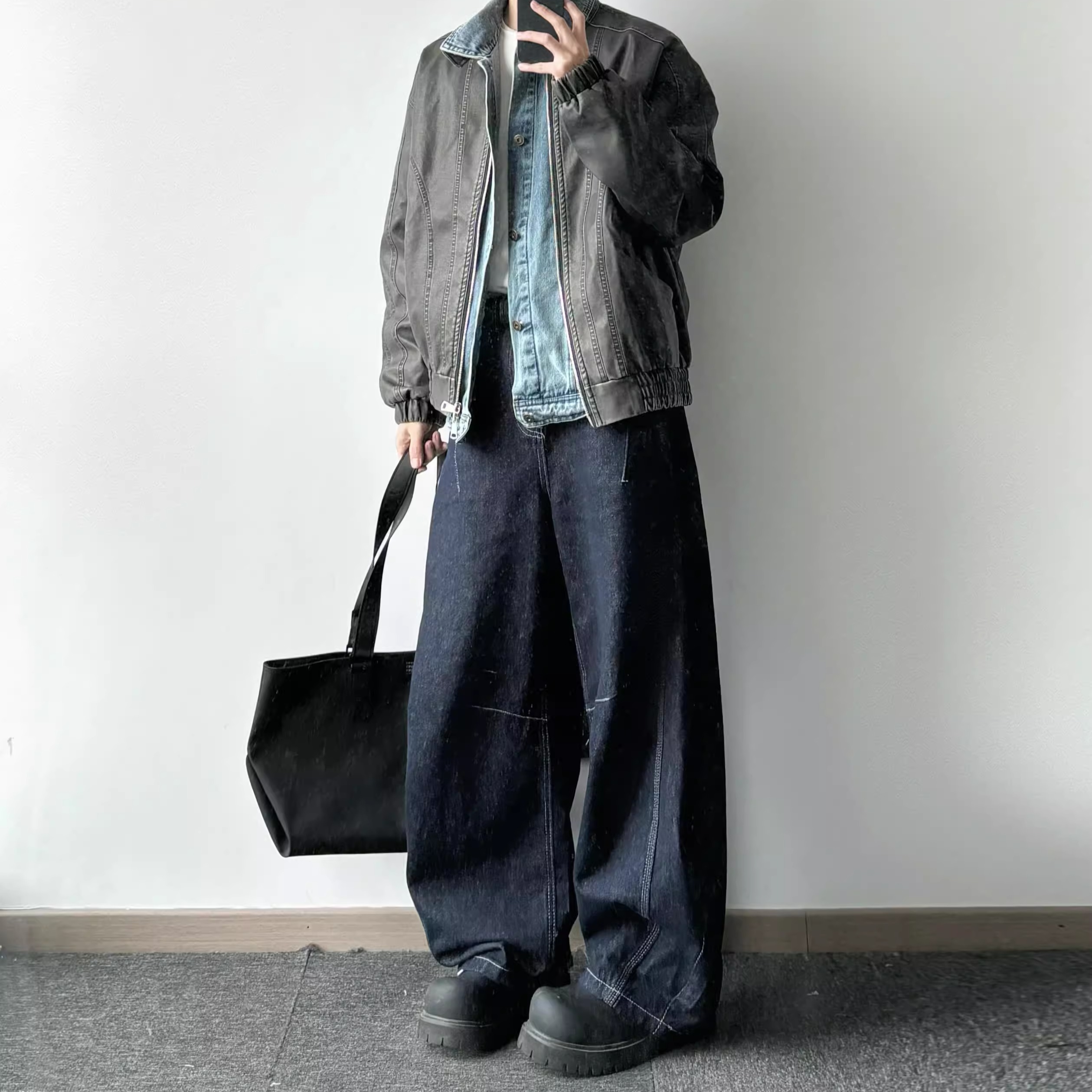 水洗拼接弯刀解构设计感牛仔裤子