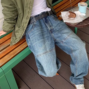 子 男解构vintage风百搭直筒长裤 美式 复古做旧拼接线呈显瘦牛仔裤