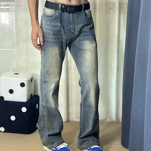 美式高街男款做旧黄泥染微喇牛仔裤复古显瘦显高长裤街头潮流百搭