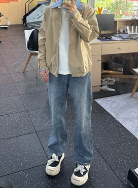 美式休闲街头浅蓝色百搭宽松牛仔裤男cleanfit微窄修身直筒长裤子