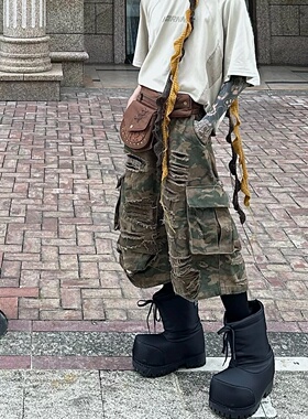 美式重磅休闲破洞工装七分裤男迷彩直筒宽松多口袋牛仔裤痞帅潮流