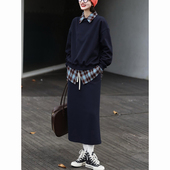 黑色圆领卫衣同色长裙蓝色格纹衬衫 今年超火 休闲穿搭套装 三件套