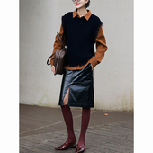 今年超火 休闲穿搭一整套2026黑色马甲同色半身裙棕色衬衫 三件套