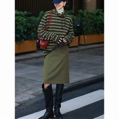 新款 精致减龄流行穿搭套装 2026春季 绿色条纹上衣同色半身裙两件套