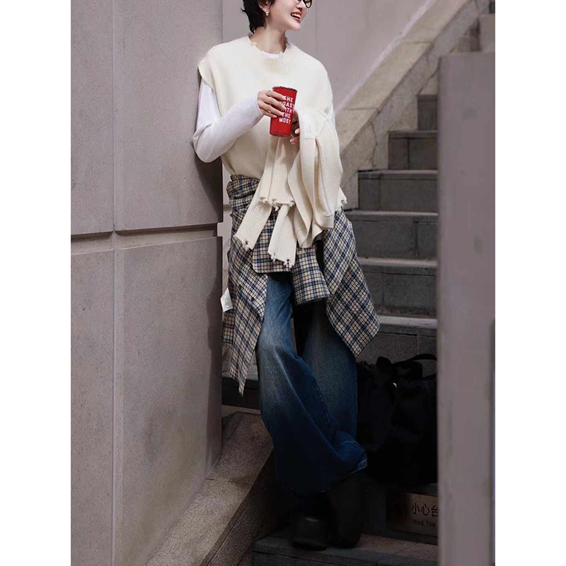 大牌套装上衣针织马甲牛仔裤衬衫