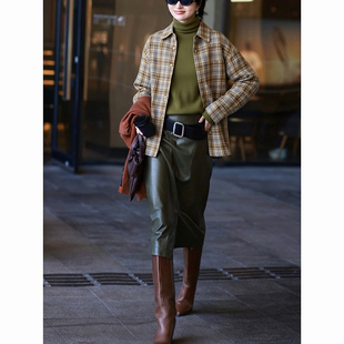 超好看的精致减龄穿搭黄色格纹衬衫绿色打底衫同色半身长裙三件套