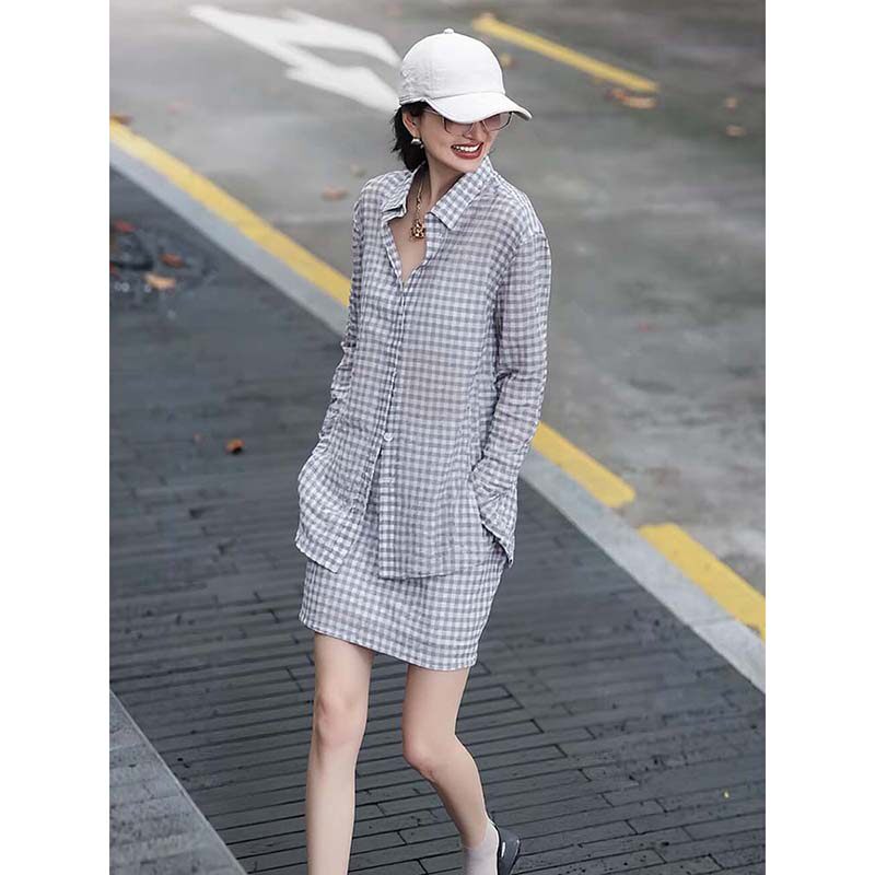 韩系清新灰白细格条纹衬衫半身裙套装女夏季新款休闲通勤两件套