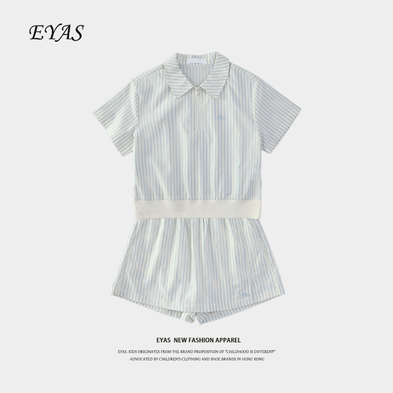 EYAS女童条纹衬衫套装2025新款夏装运动风网球条纹衬衫裤裙两件套