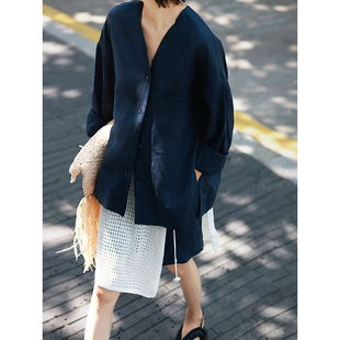 藏青色亚麻时尚套装女秋季新款高级感衬衫休闲短裤白色屁帘三件套