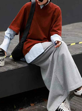 松弛感流行穿搭套装女2025新款红色卫衣浅蓝色衬衫灰色半裙两件套