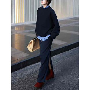 高级感巨好看的套装女秋季新款藏青圆领卫衣半身裙蓝格衬衫两件套