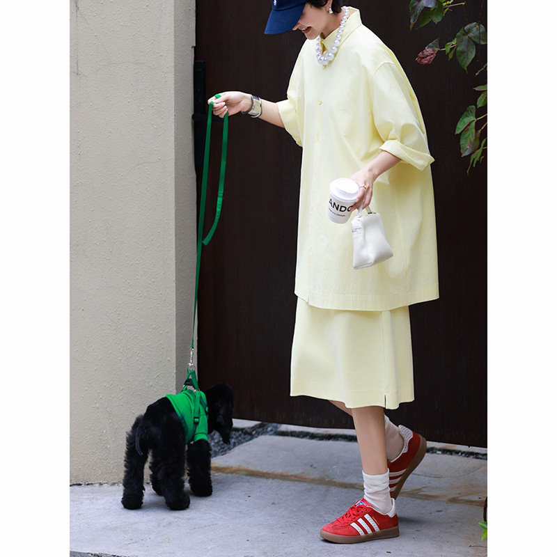 休闲大方潮流穿搭一整套2026新款奶黄色宽松衬衫同色半身裙两件套,女装/女士精品,衬衫,淘宝优惠券,粉丝福利购,淘宝优惠卷