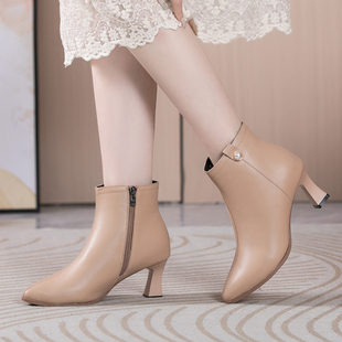 小码女鞋313233春季新款2025真皮粗跟小短靴软皮单靴软底高跟鞋女