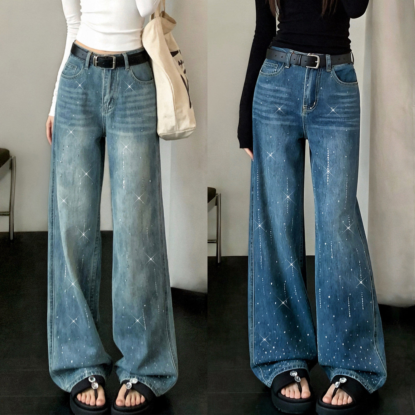 欧货重工满天星闪烫钻窄版阔腿牛仔裤女高腰宽松九分小个子直筒裤