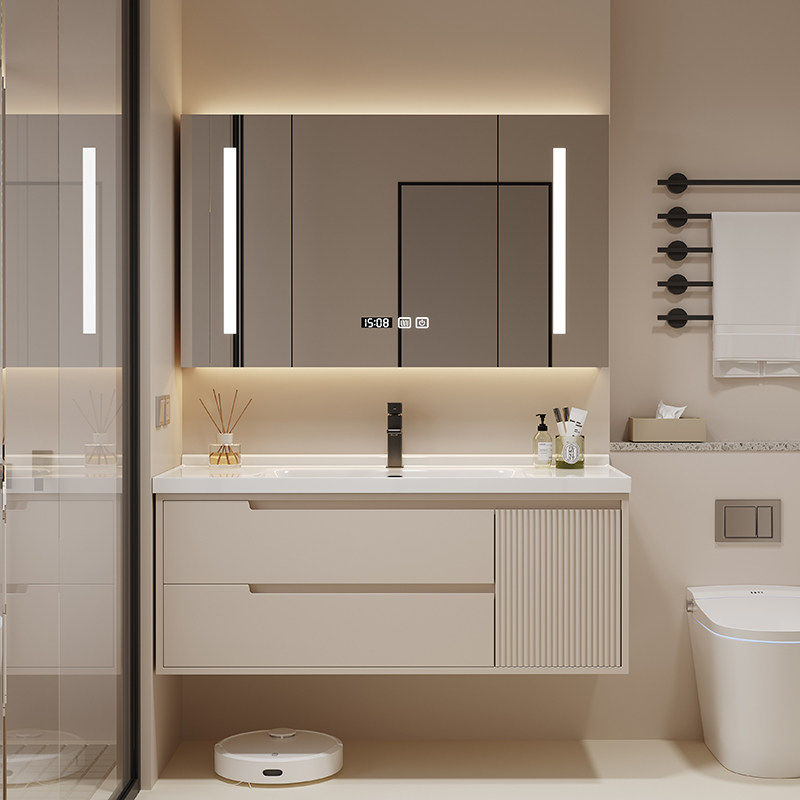 新款奶油风浴室柜一体盆陶瓷洗脸盆卫生间洗手盆柜组合洗漱洗手台