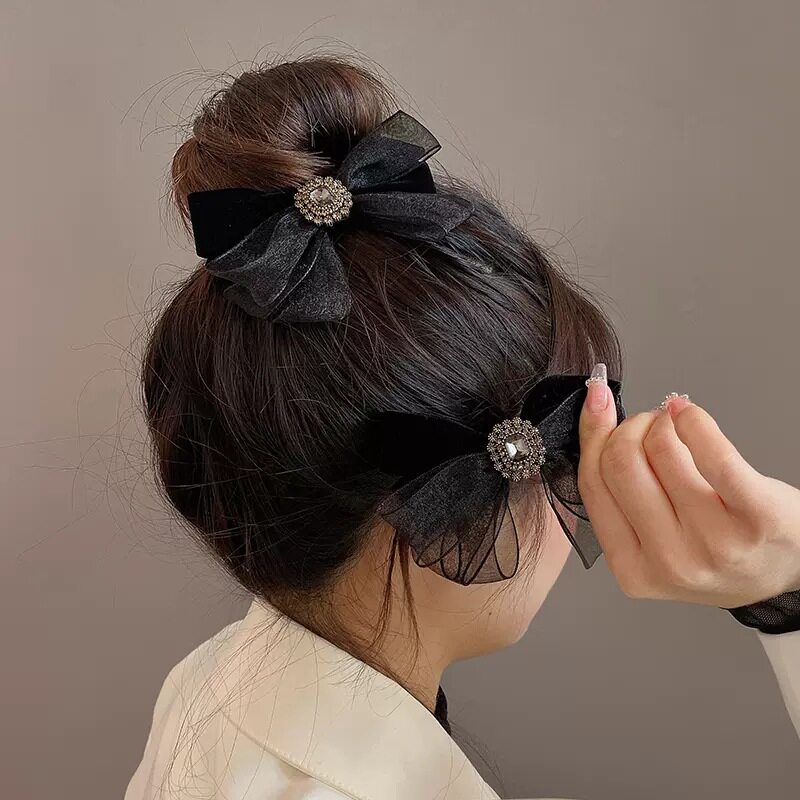高级感水钻蝴蝶结网纱发夹后脑勺
