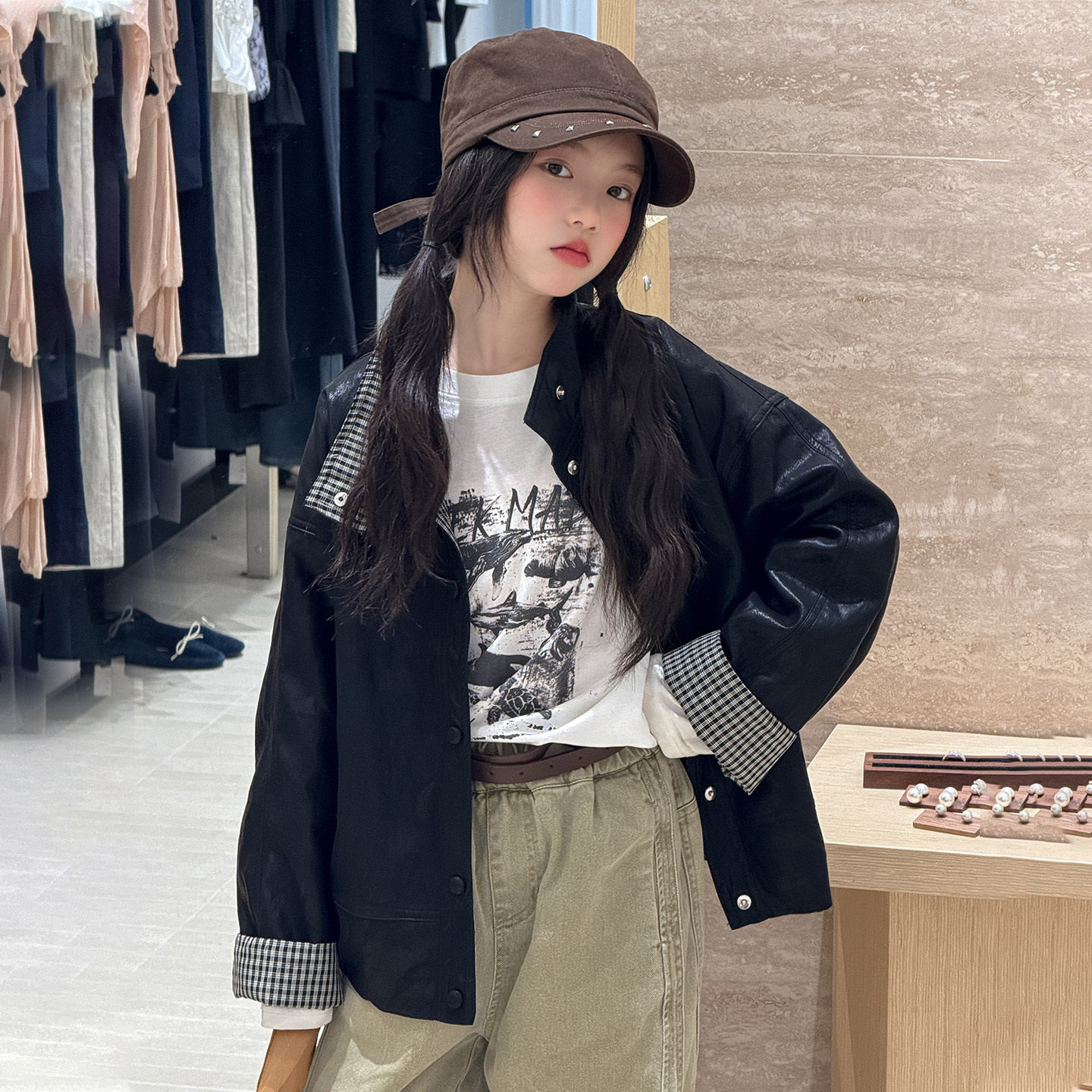 女童韩版连帽皮衣2026中大童时尚