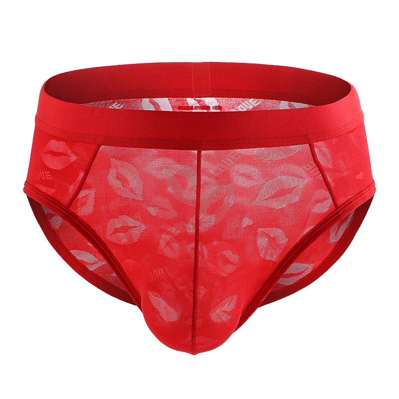 男士内裤男冰丝无痕三角裤蕾丝青年夏季超薄透气透明性感本命年红