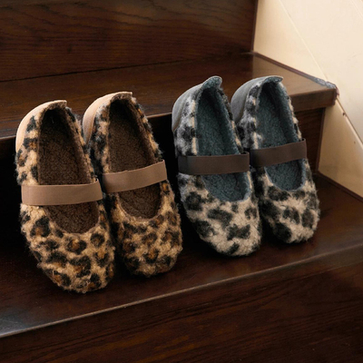 现货超美复古豹纹毛毛玛丽珍鞋女加绒保暖一字带法式棉鞋单鞋女潮