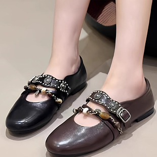 女 饰单鞋 现货欧洲站民族风铆钉玛丽珍鞋 女圆头平底一字扣带链条装