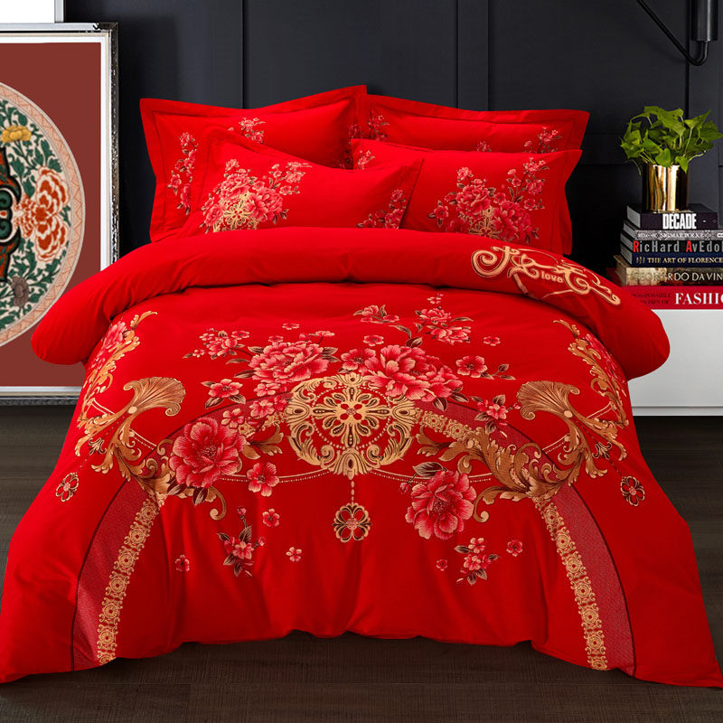 结婚四件套纯棉全棉磨毛加厚婚庆大红喜庆乔迁床上用品4件套新婚,床上用品,婚庆床品套件,淘宝优惠券,粉丝福利购,淘宝优惠卷