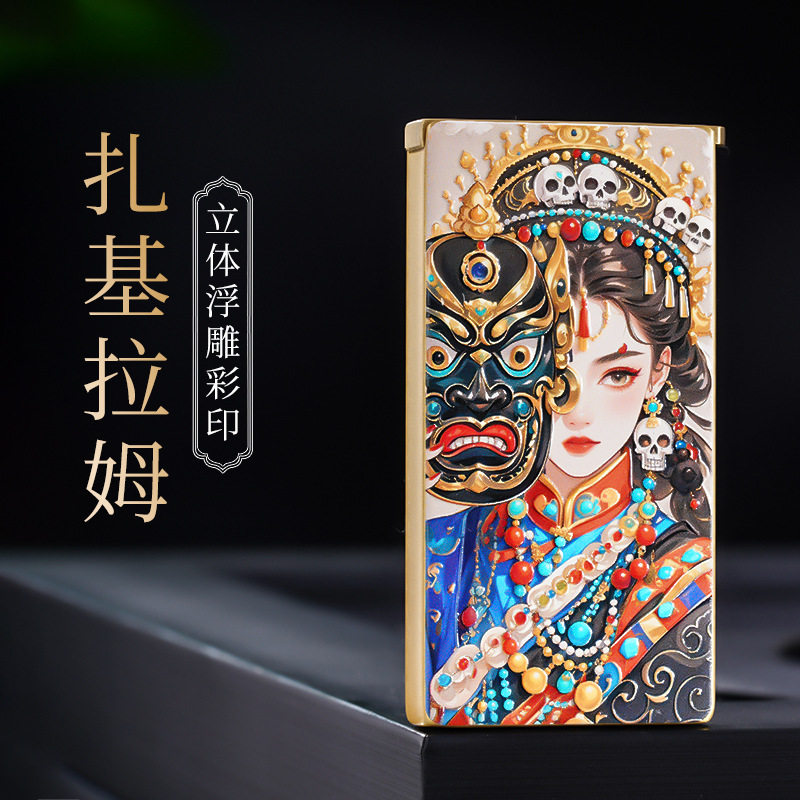 Z753升降机3D浮雕彩印升降机超薄铜壳煤油打火机男士礼品收藏