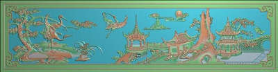 松鹤山水床背板精雕图花鸟新款楼阁靠背浮雕灰度电脑雕刻图仙鹤图
