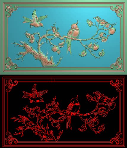 柿子鸟门板浮雕雕刻图灰度图精雕图檀雕花鸟中板 财源椅背板花鸟