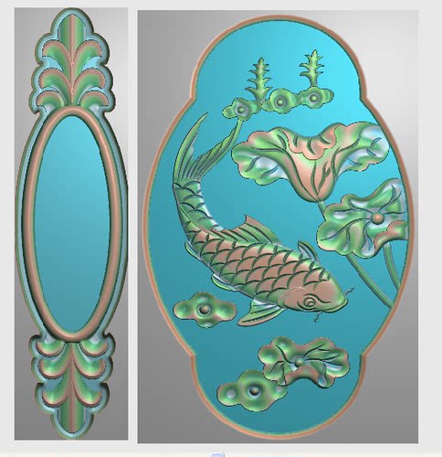 莲花镜架精雕图浮雕雕刻图灰度图镜框花鸟门板鲤鱼 荷花鱼梳妆台