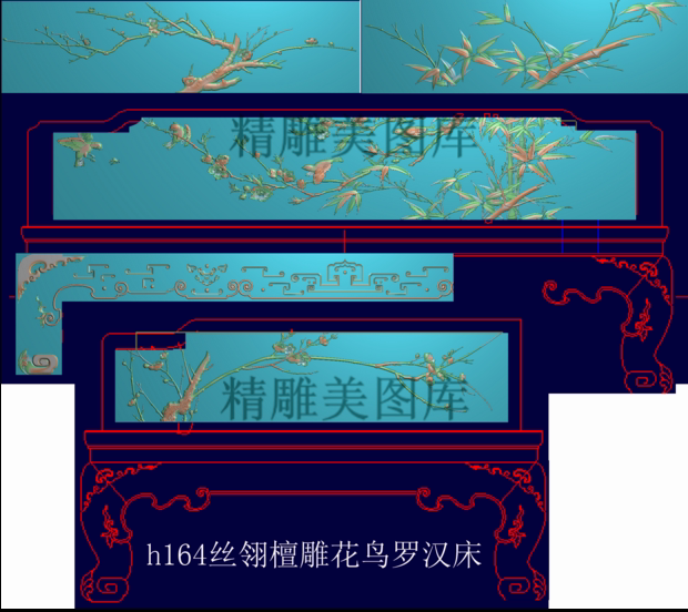 四季花鸟罗汉床精雕图梅兰竹菊灰度浮雕图檀雕花鸟 新檀雕罗汉床