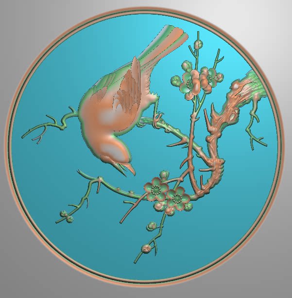 精雕图圆形梅花鸟门板灰度雕刻图精品檀雕花鸟浮雕图背板桃花花鸟