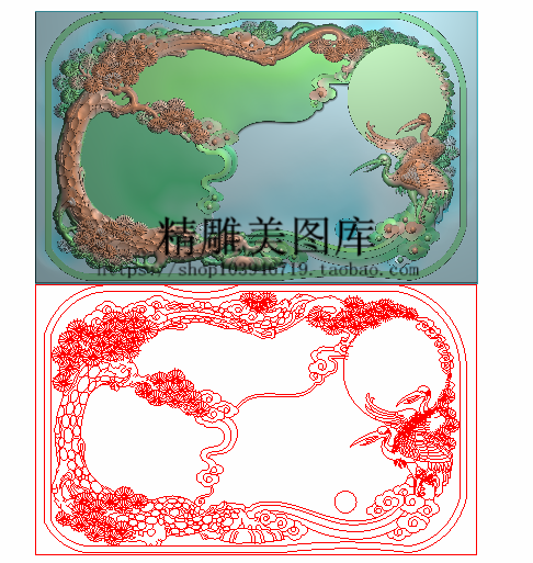 松树茶台花鸟精雕图浮雕雕刻图灰度图仙鹤 精品松鹤茶盘