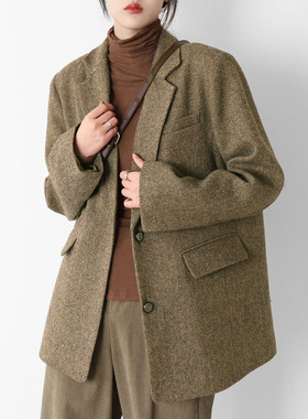 人字纹毛呢西装外套女2023秋冬新款小众设计复古气质宽松小西服