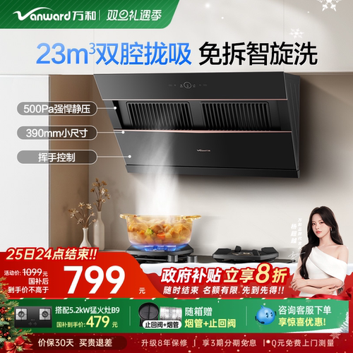 [政府补贴]万和小双翼家用厨房大吸力侧吸式烟机抽油烟机525PRO