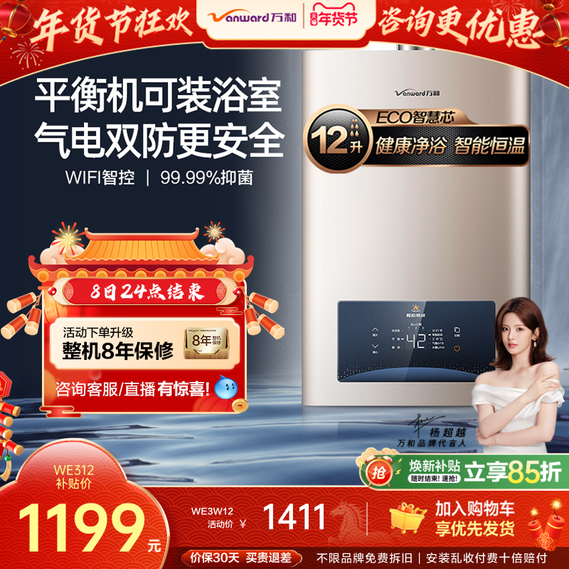 万和家用天然气液化气12升室内安装恒温节能平衡式燃气热水器WE3