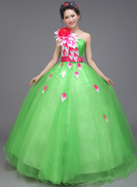 2022新款显瘦单肩晚装礼服唱歌舞台演出服 长款蓬蓬裙主持人礼服