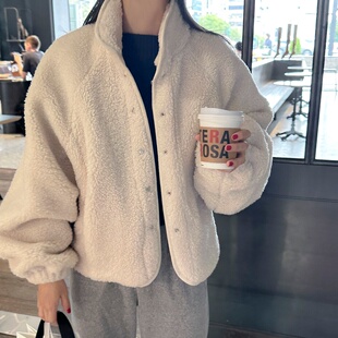 韩版复古休闲百搭慵懒风保暖立领单排扣小个子羊羔毛外套女