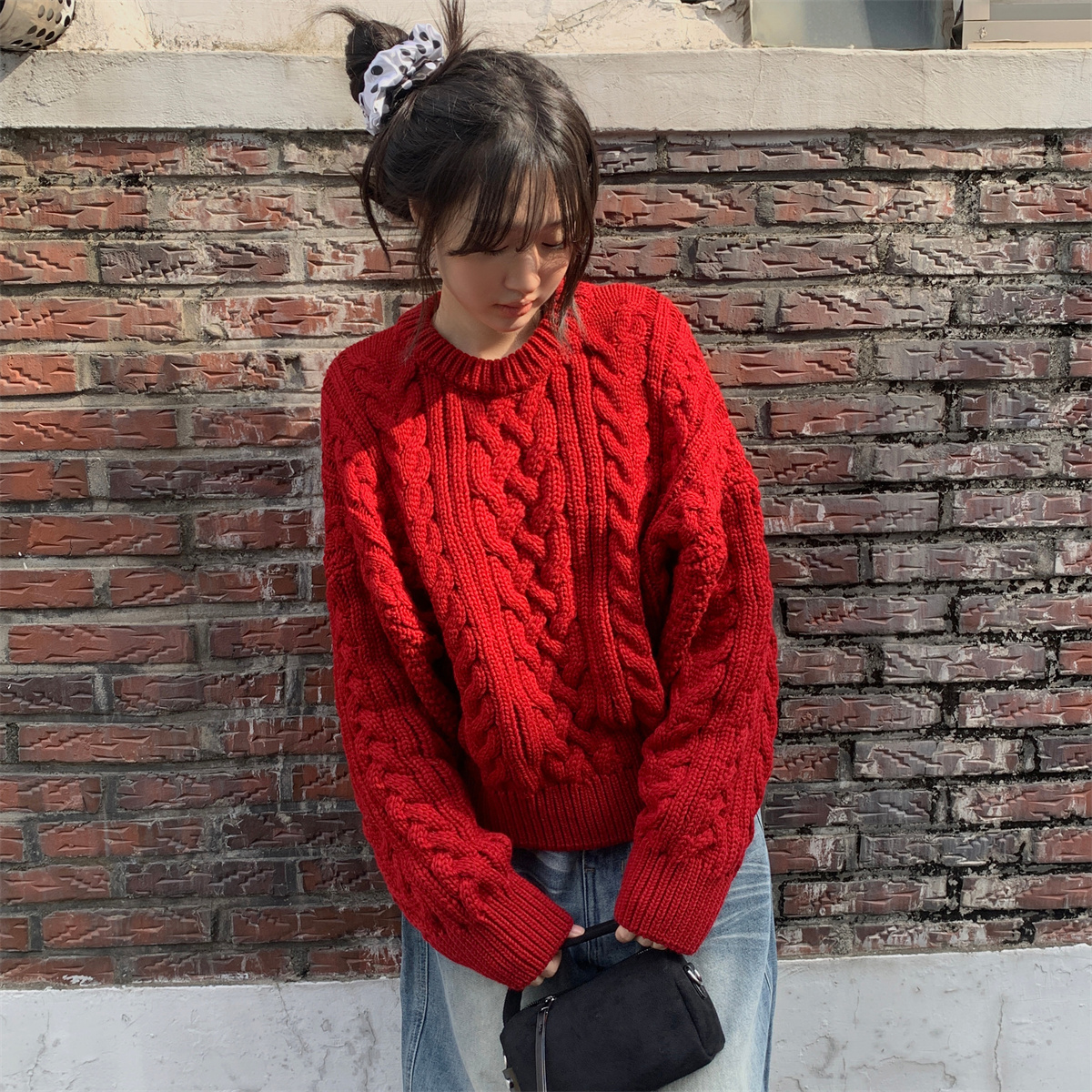 ins麻花毛衣 韩代同款高品质粗针毛衣宽松圆领八乃毛衣女