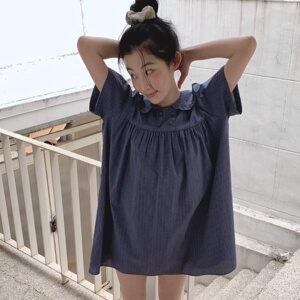 韩系鬼马少女复古格子双排扣荷叶花边娃娃领减龄短袖连衣裙