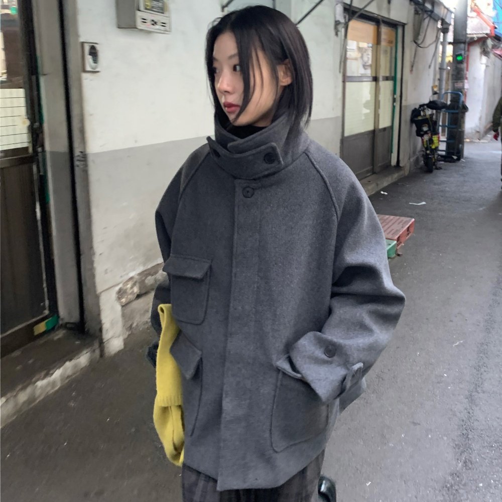 韩国复古气质立领保暖单排扣口袋小个子日系毛呢大衣外套