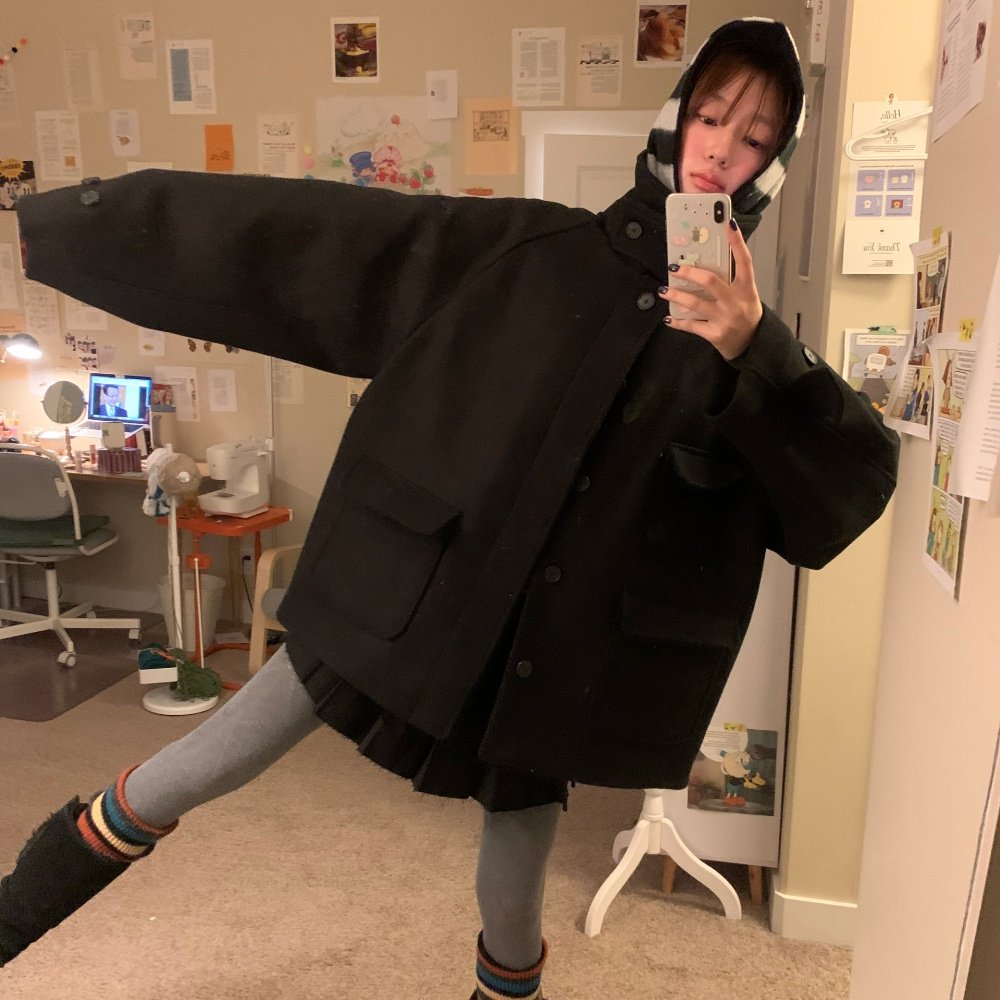 韩国秋冬复古气质高领保暖单排扣口袋小个子毛呢大衣外套