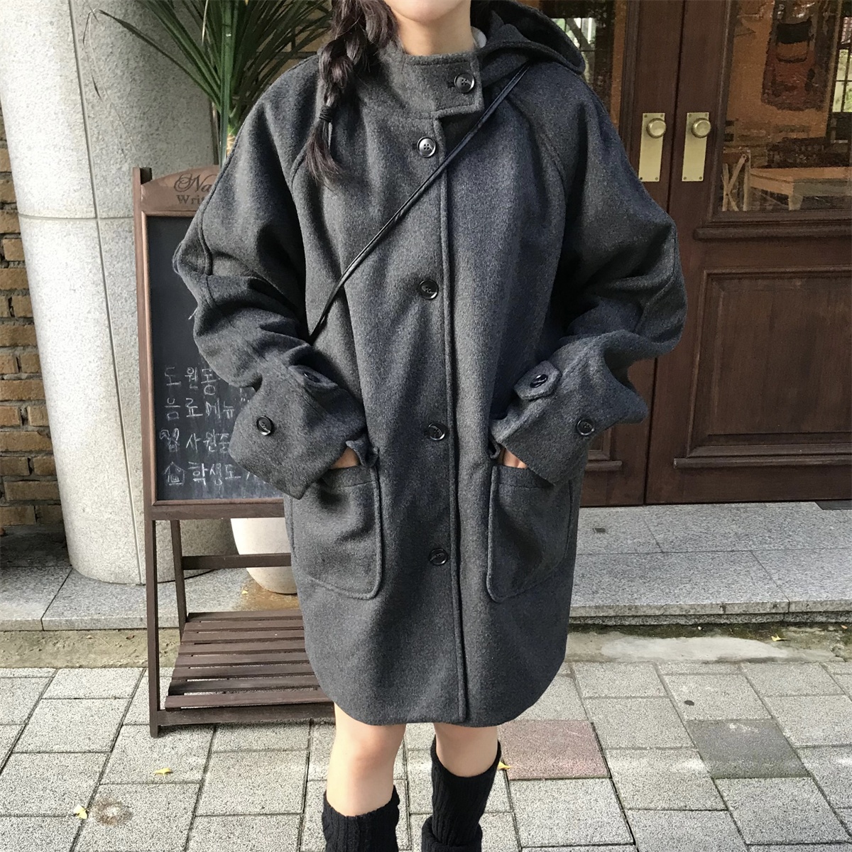 韩系复古气质学院风连帽夹棉小个子大衣中长款毛呢外套女