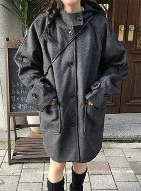韩系复古气质学院风连帽夹棉小个子大衣中长款毛呢外套女