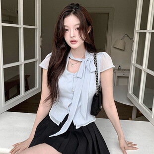 韩国chic 美美的领口挂脖蝴蝶结系带百搭女士短袖衬衫上衣女